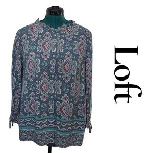 LOFT Outlet Womens Long Sleeve Printed Button Up Shirt Size XL Teal Red Boho